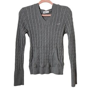 Hollister Cable Knit Hooded Sweater Womens Medium Gray Y2K V-Neck Cotton Knit